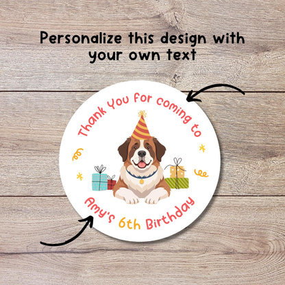 Personalized Saint Bernard Dog Stickers, Custom Kids Animal Pawty Party Favor Gift Bags Labels