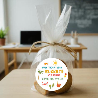 This Year Was Bucket of Fun, Personalized Kids Teachers End of School Last Day Party Favor Gift Bags Labels