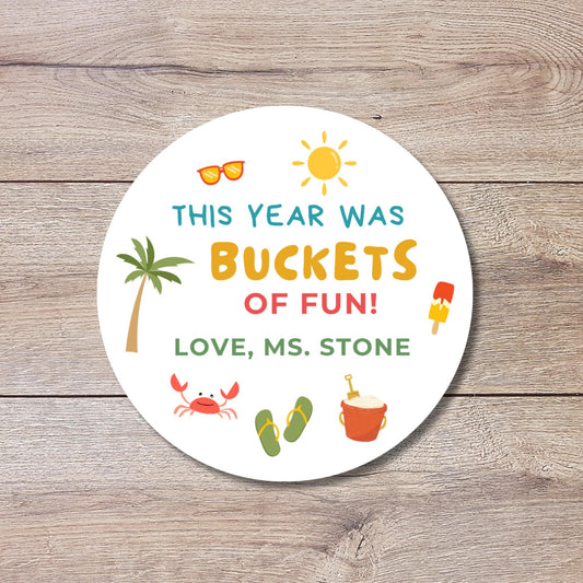 This Year Was Bucket of Fun, Personalized Kids Teachers End of School Last Day Party Favor Gift Bags Labels