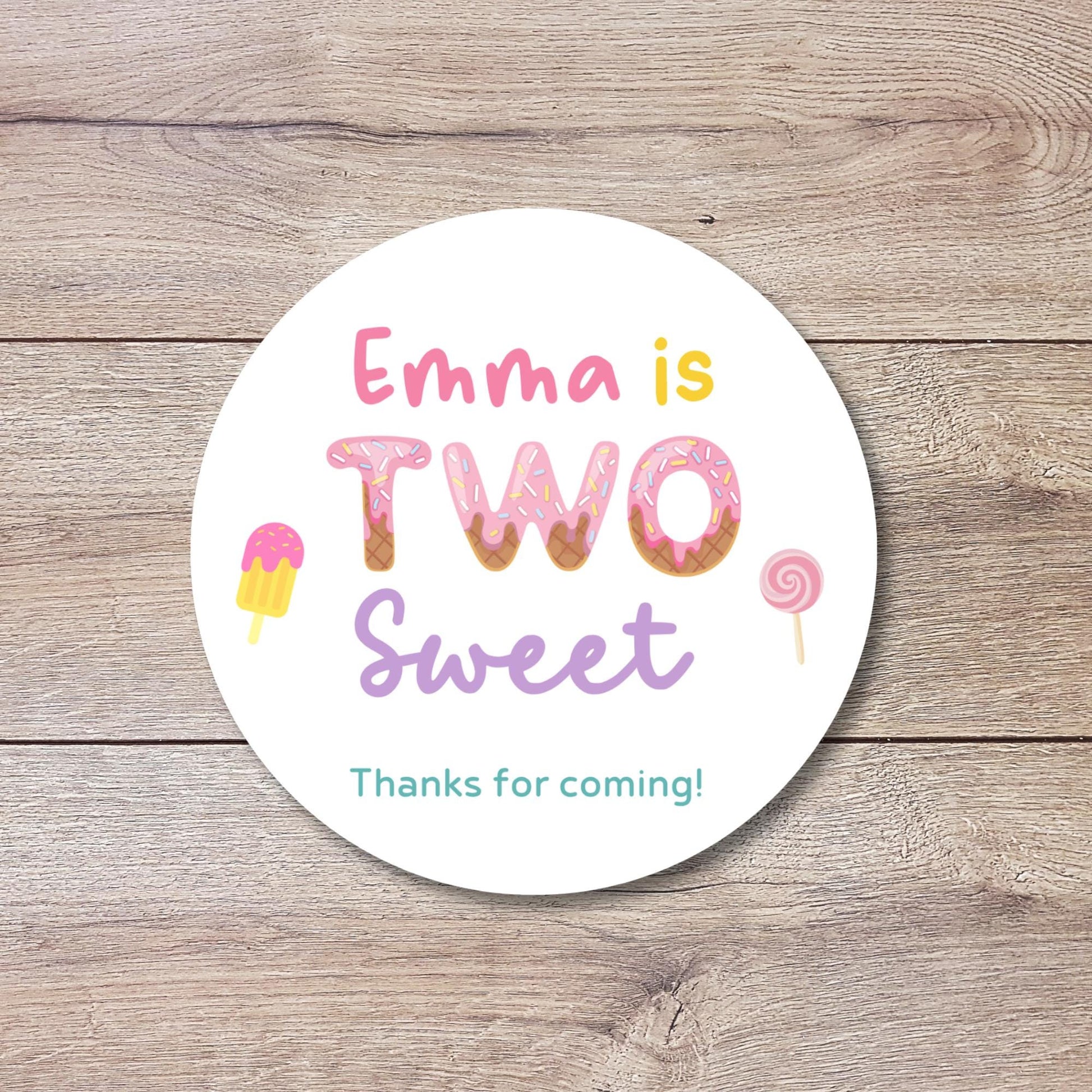 Personalized Two Sweet Second Birthday Stickers, Kids Custom Party Favor Gift Bag Labels