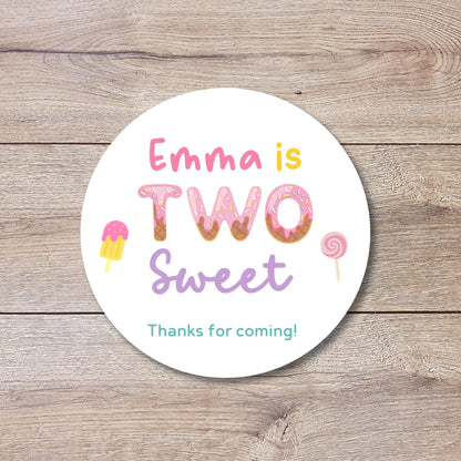 Personalized Two Sweet Second Birthday Stickers, Kids Custom Party Favor Gift Bag Labels