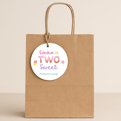Personalized Two Sweet Birthday Gift Tags, Kids Thank You for Coming Party Favor Treat Bag Tag