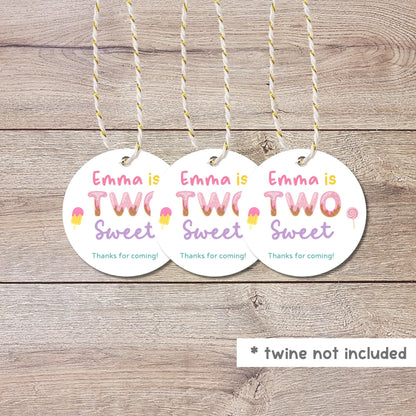 Personalized Two Sweet Birthday Gift Tags, Kids Thank You for Coming Party Favor Treat Bag Tag