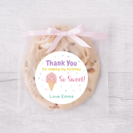 Personalized Thank You So Sweet Birthday Stickers, Kids Custom Party Favor Gift Bag Labels