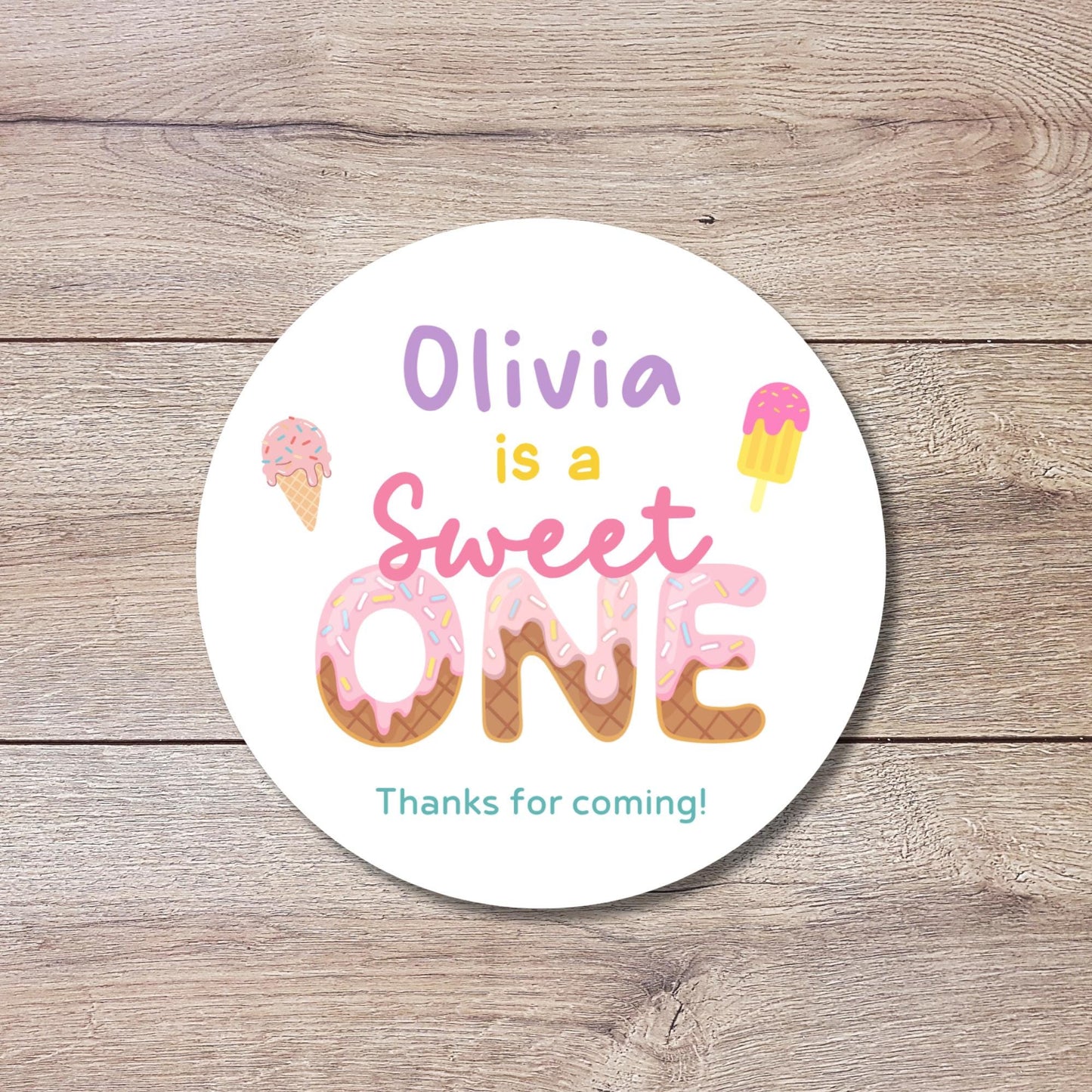 Personalized Sweet One Ice Cream FIrst Birthday Stickers, Kids Custom Party Favor Gift Bag Labels