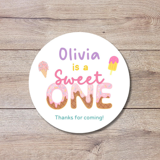 Personalized Sweet One Ice Cream FIrst Birthday Stickers, Kids Custom Party Favor Gift Bag Labels
