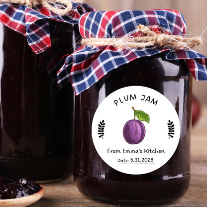 Personalized Plum Jam Jelly Stickers, Custom Fruit Preserves Canning with Date Line Labels