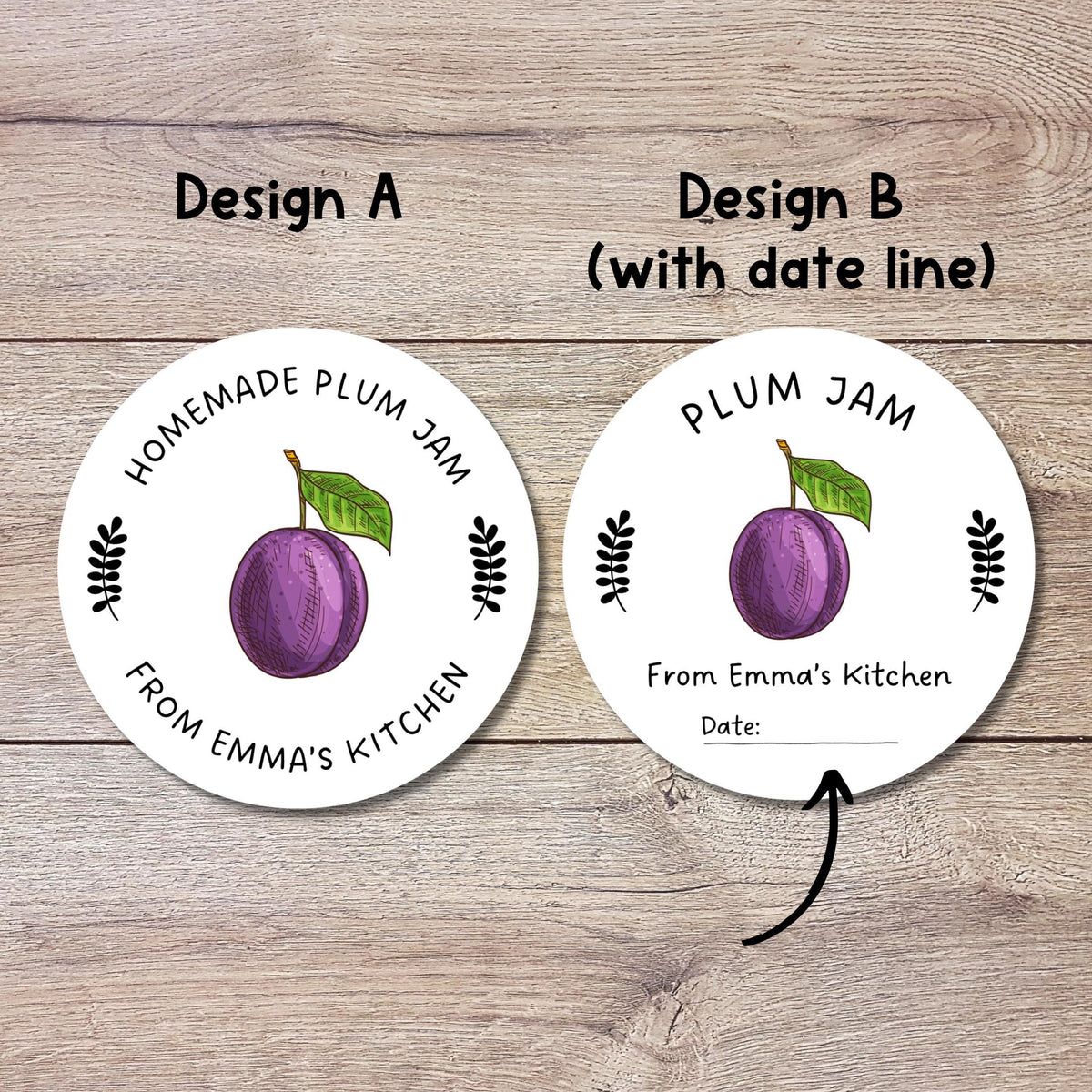 Personalized Plum Jam Jelly Stickers, Custom Fruit Preserves Canning with Date Line Labels