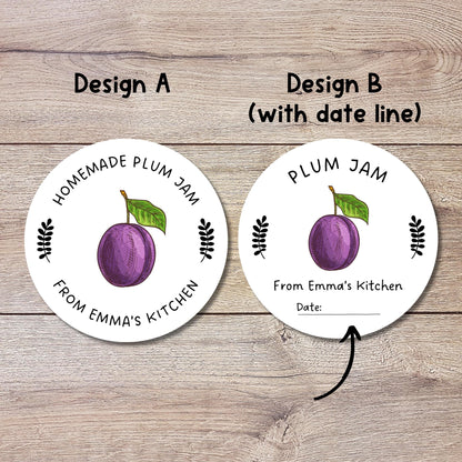 Personalized Plum Jam Jelly Stickers, Custom Fruit Preserves Canning with Date Line Labels