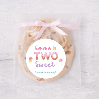 Personalized Two Sweet Second Birthday Stickers, Kids Custom Party Favor Gift Bag Labels