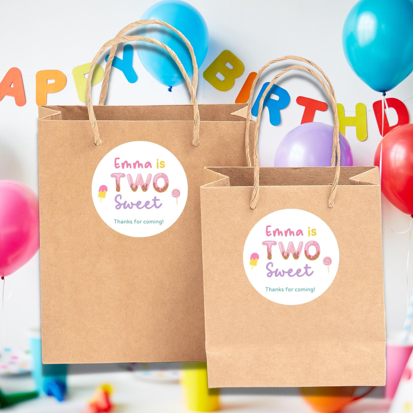 Personalized Two Sweet Second Birthday Stickers, Kids Custom Party Favor Gift Bag Labels