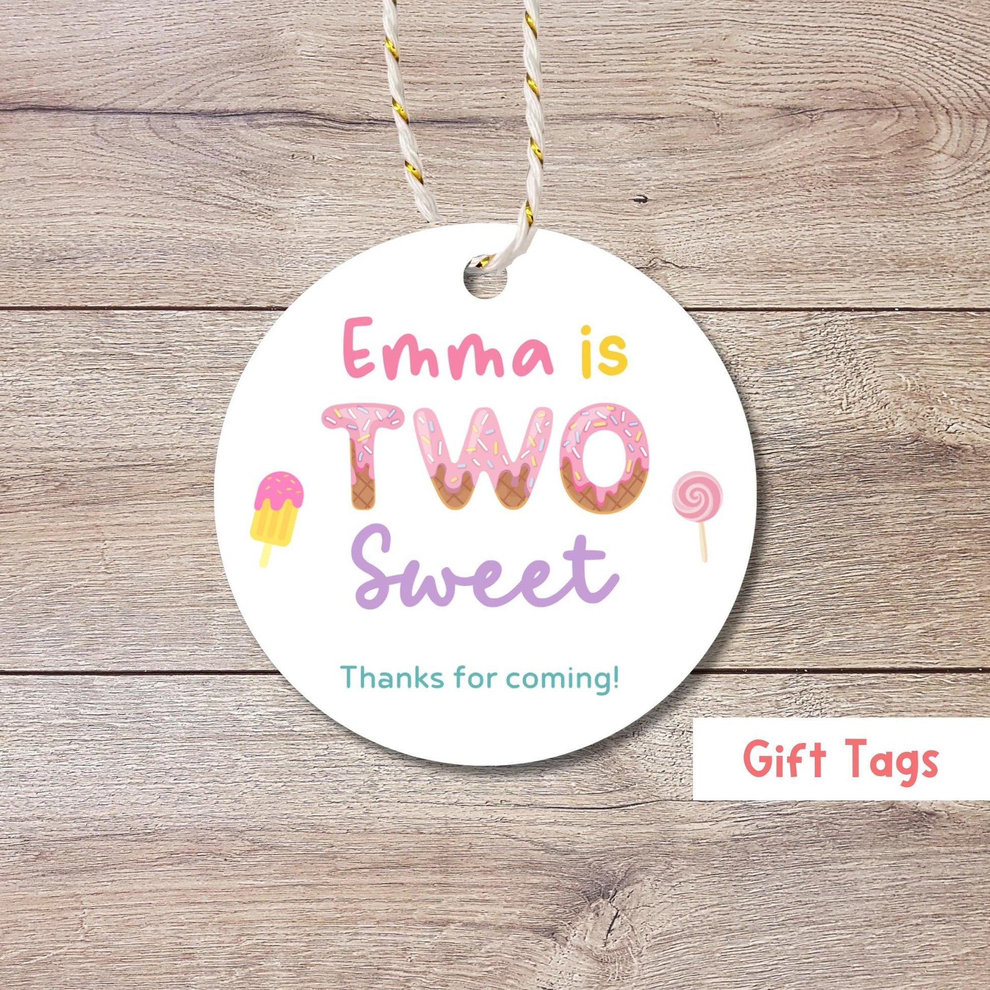 Personalized Two Sweet Birthday Gift Tags, Kids Thank You for Coming Party Favor Treat Bag Tag