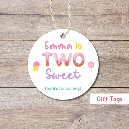 Personalized Two Sweet Birthday Gift Tags, Kids Thank You for Coming Party Favor Treat Bag Tag