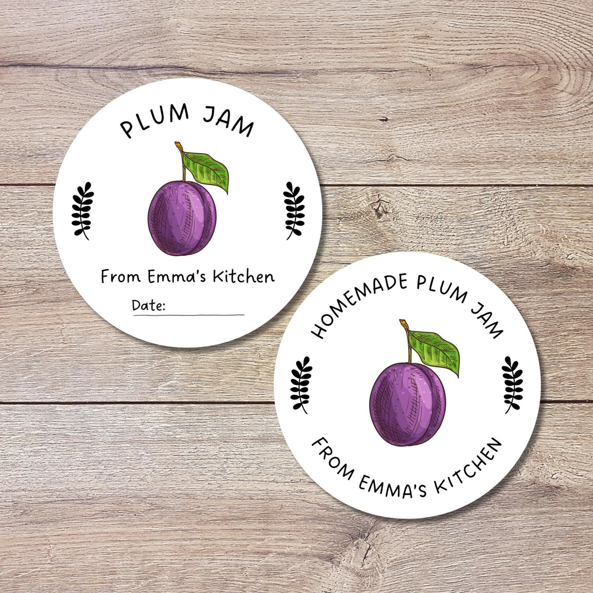 Personalized Plum Jam Jelly Stickers, Custom Fruit Preserves Canning with Date Line Labels
