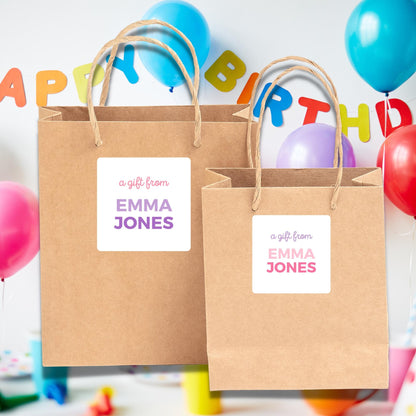 Personalized A Gift From Square Stickers, Custom Kids Birthday Party Favor Teacher Gift Bags Labels