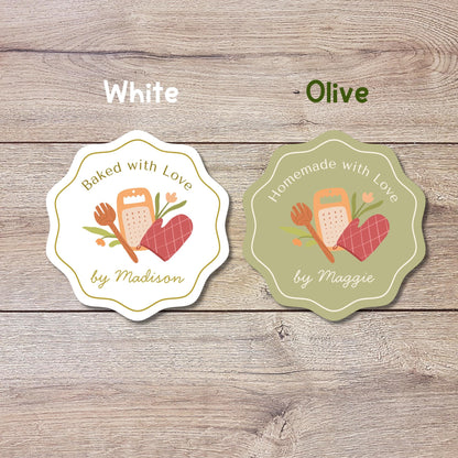 Personalized Baked with Love Wavy Edge Stickers, Custom Homemade Baking Small Business Bakery Packaging Labels