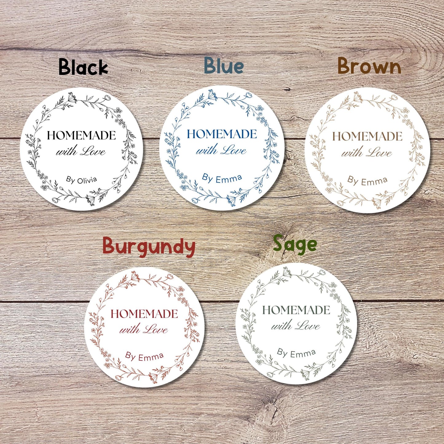 Personalized Homemade with Love Floral Wreath Stickers, Customized Handmade Small Business Bakery Packaging Labels