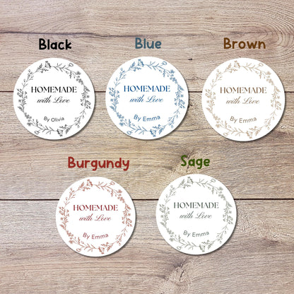 Personalized Homemade with Love Floral Wreath Stickers, Customized Handmade Small Business Bakery Packaging Labels