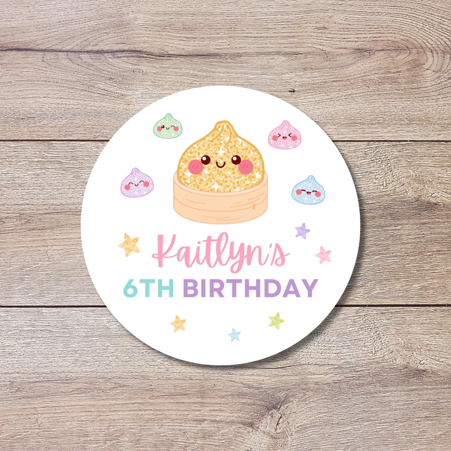 Personalized Glitter Dumpling Squishy Birthday Stickers, Custom Girls Kids Thank You Party Favor Labels