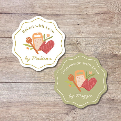 Personalized Baked with Love Wavy Edge Stickers, Custom Homemade Baking Small Business Bakery Packaging Labels