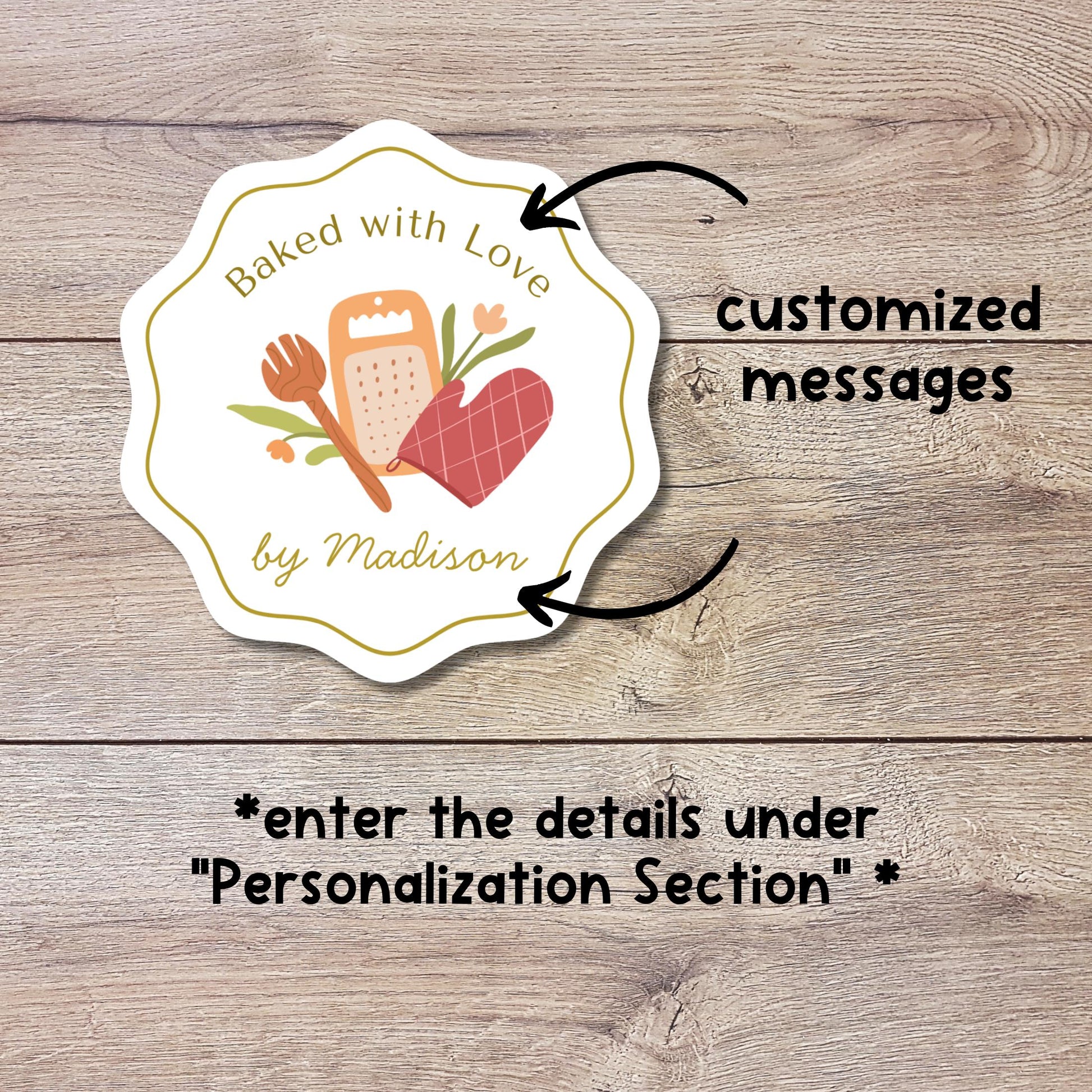 Personalized Baked with Love Wavy Edge Stickers, Custom Homemade Baking Small Business Bakery Packaging Labels