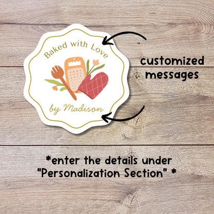 Personalized Baked with Love Wavy Edge Stickers, Custom Homemade Baking Small Business Bakery Packaging Labels
