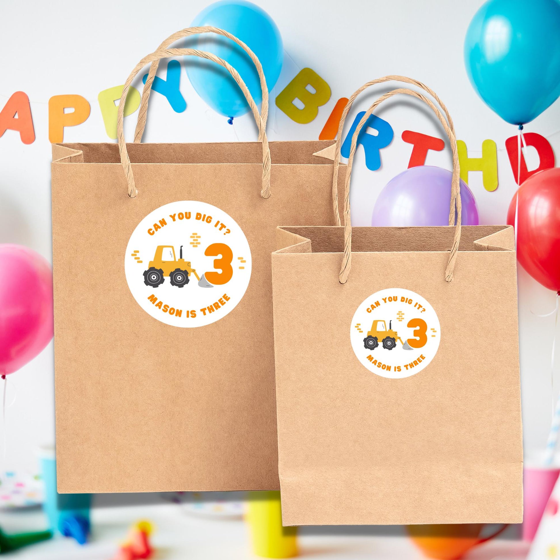 Personalized Construction Excavator Trucks Can You Dig It Birthday Stickers, Custom Party Favor Gift Bags Labels