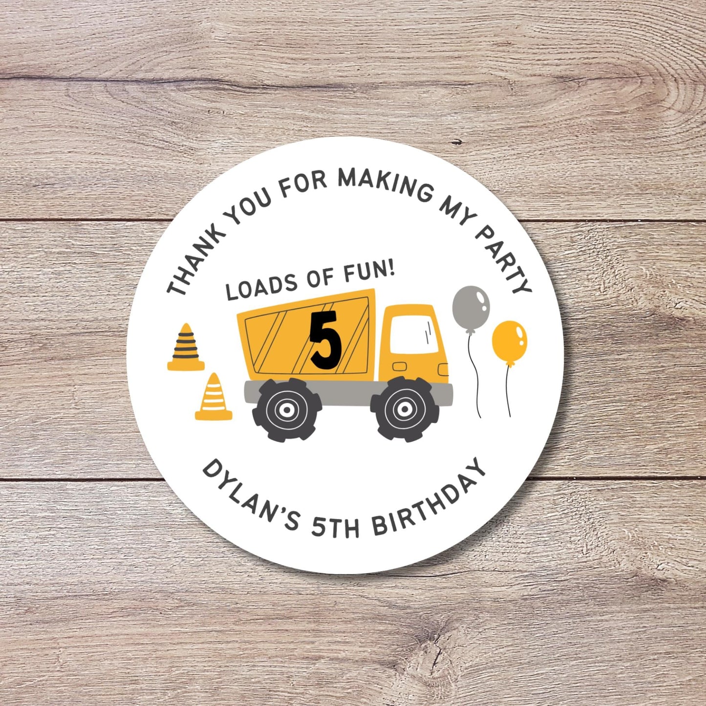 Personalized Construction Dump Trucks Loads of Fun Birthday Stickers, Custom Party Favor Gift Bags Labels