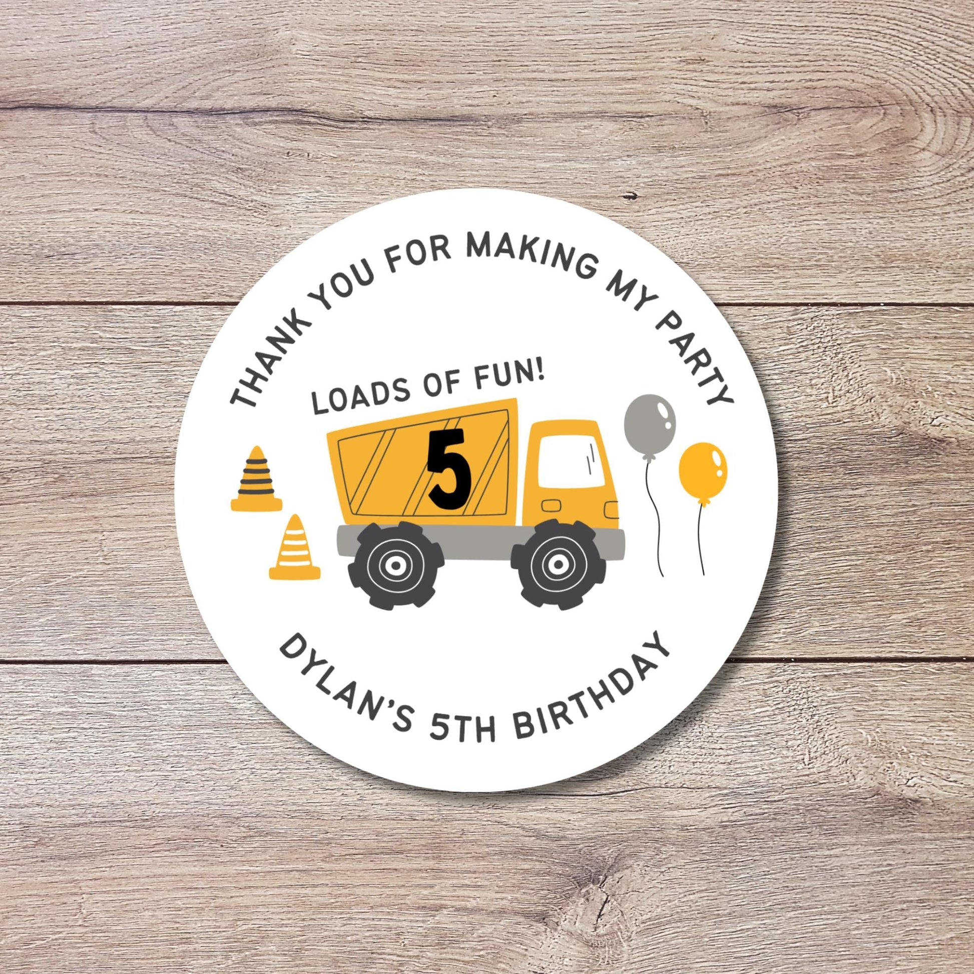 Personalized Construction Dump Trucks Loads of Fun Birthday Stickers, Custom Party Favor Gift Bags Labels