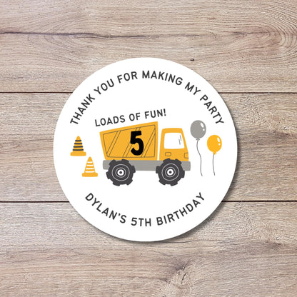 Personalized Construction Dump Trucks Loads of Fun Birthday Stickers, Custom Party Favor Gift Bags Labels