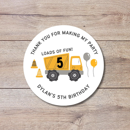 Personalized Construction Dump Trucks Loads of Fun Birthday Stickers, Custom Party Favor Gift Bags Labels