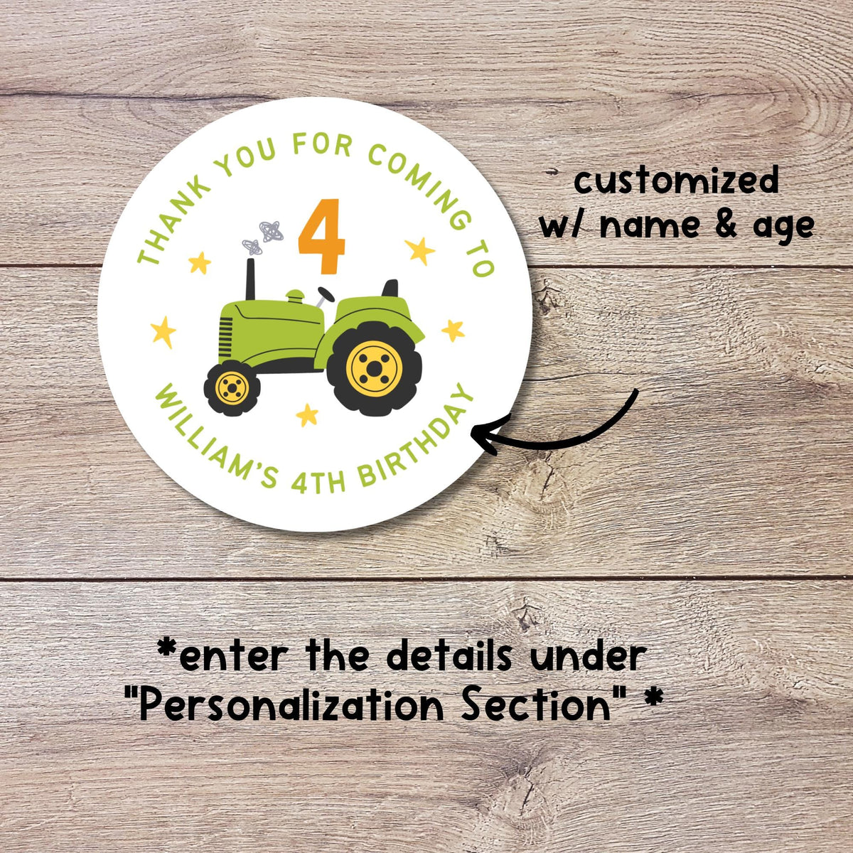 Personalized Farm Tractor Birthday Stickers, Custom Thank You Party Favor Gift Bags Labels