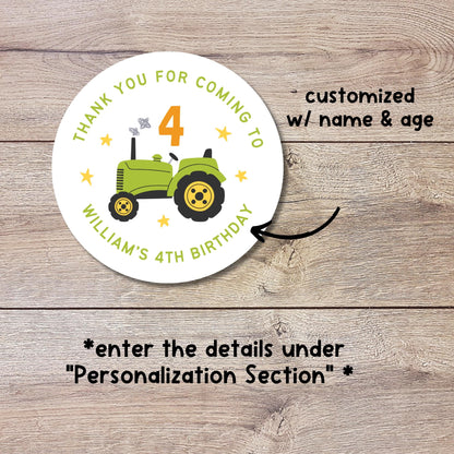 Personalized Farm Tractor Birthday Stickers, Custom Thank You Party Favor Gift Bags Labels