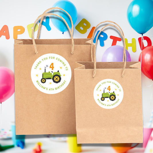 Personalized Farm Tractor Birthday Stickers, Custom Thank You Party Favor Gift Bags Labels