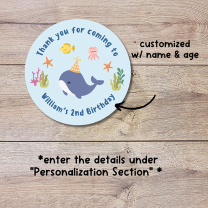 Personalized Under the Sea Creatures Whale Birthday Stickers, Custom Thank You Party Favor Gift Bags Labels