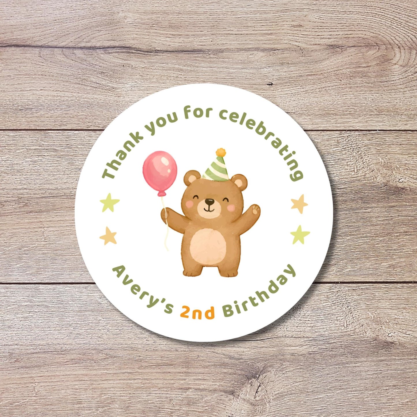 Personalized Bear Kids First Birthday Stickers, Custom Thank You Beary Much Party Favor Gift Bags Labels