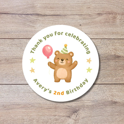 Personalized Bear Kids First Birthday Stickers, Custom Thank You Beary Much Party Favor Gift Bags Labels