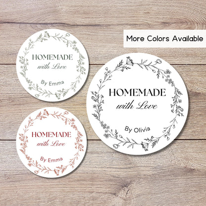 Personalized Homemade with Love Floral Wreath Stickers, Customized Handmade Small Business Bakery Packaging Labels