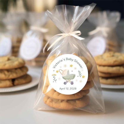 Personalized Floral Baby Carriage Stickers, Custom Baby Shower Thank You for Showering Labels