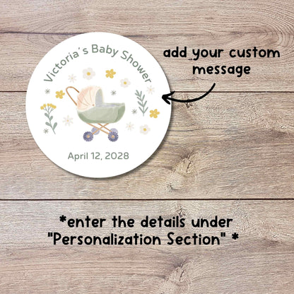 Personalized Floral Baby Carriage Stickers, Custom Baby Shower Thank You for Showering Labels