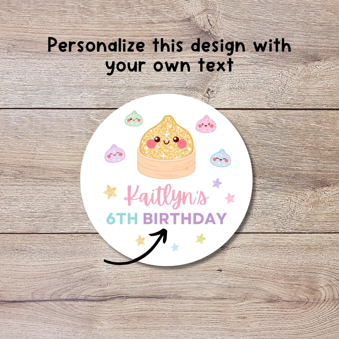 Personalized Glitter Dumpling Squishy Birthday Stickers, Custom Girls Kids Thank You Party Favor Labels