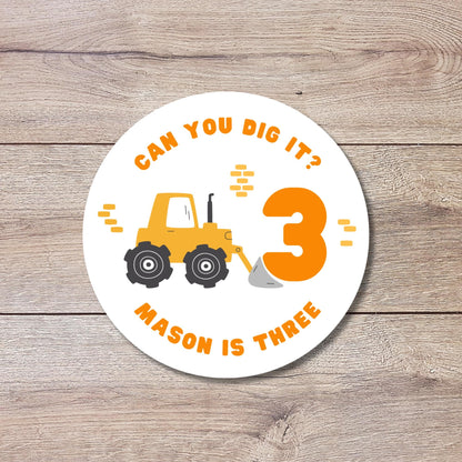 Personalized Construction Excavator Trucks Can You Dig It Birthday Stickers, Custom Party Favor Gift Bags Labels