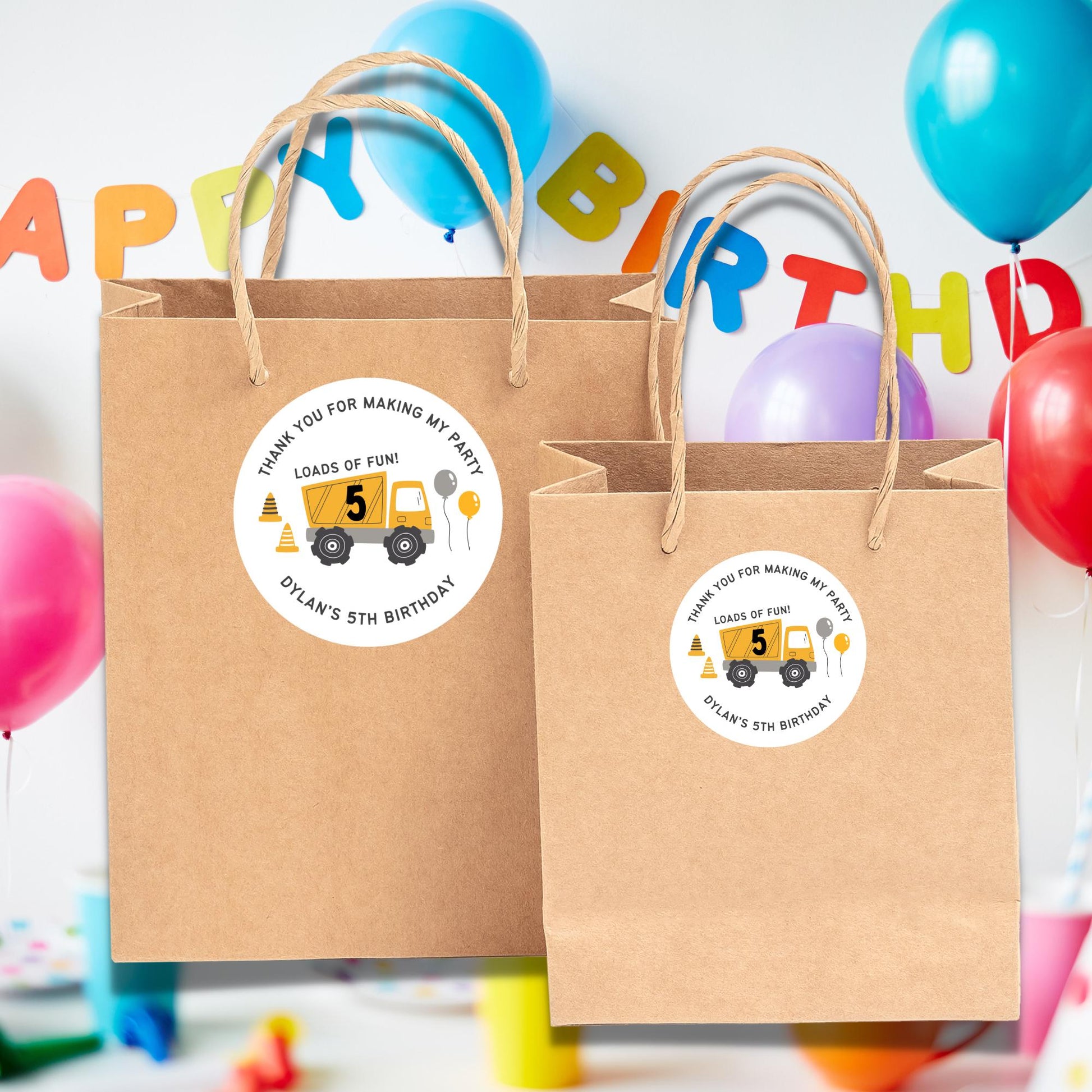 Personalized Construction Dump Trucks Loads of Fun Birthday Stickers, Custom Party Favor Gift Bags Labels
