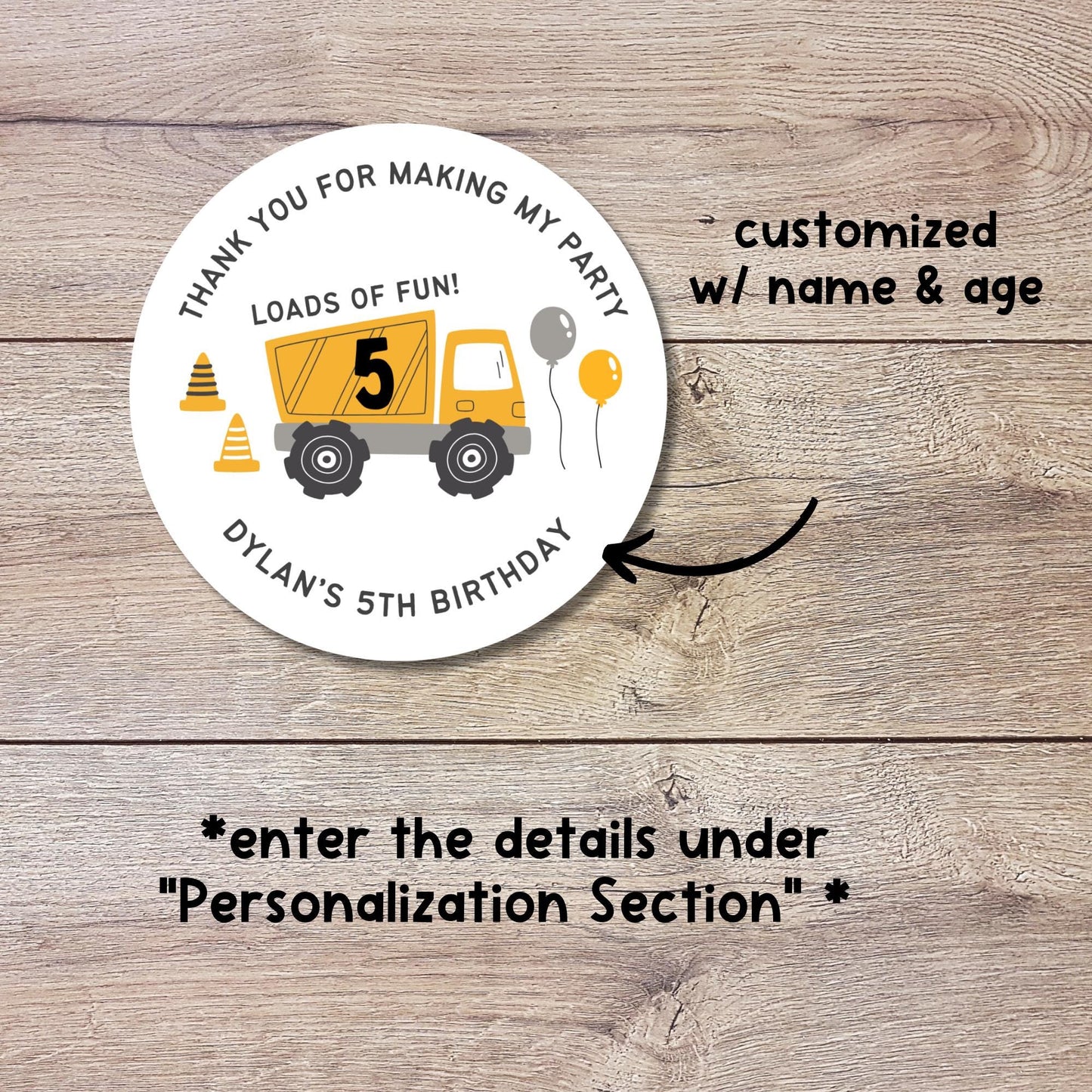 Personalized Construction Dump Trucks Loads of Fun Birthday Stickers, Custom Party Favor Gift Bags Labels