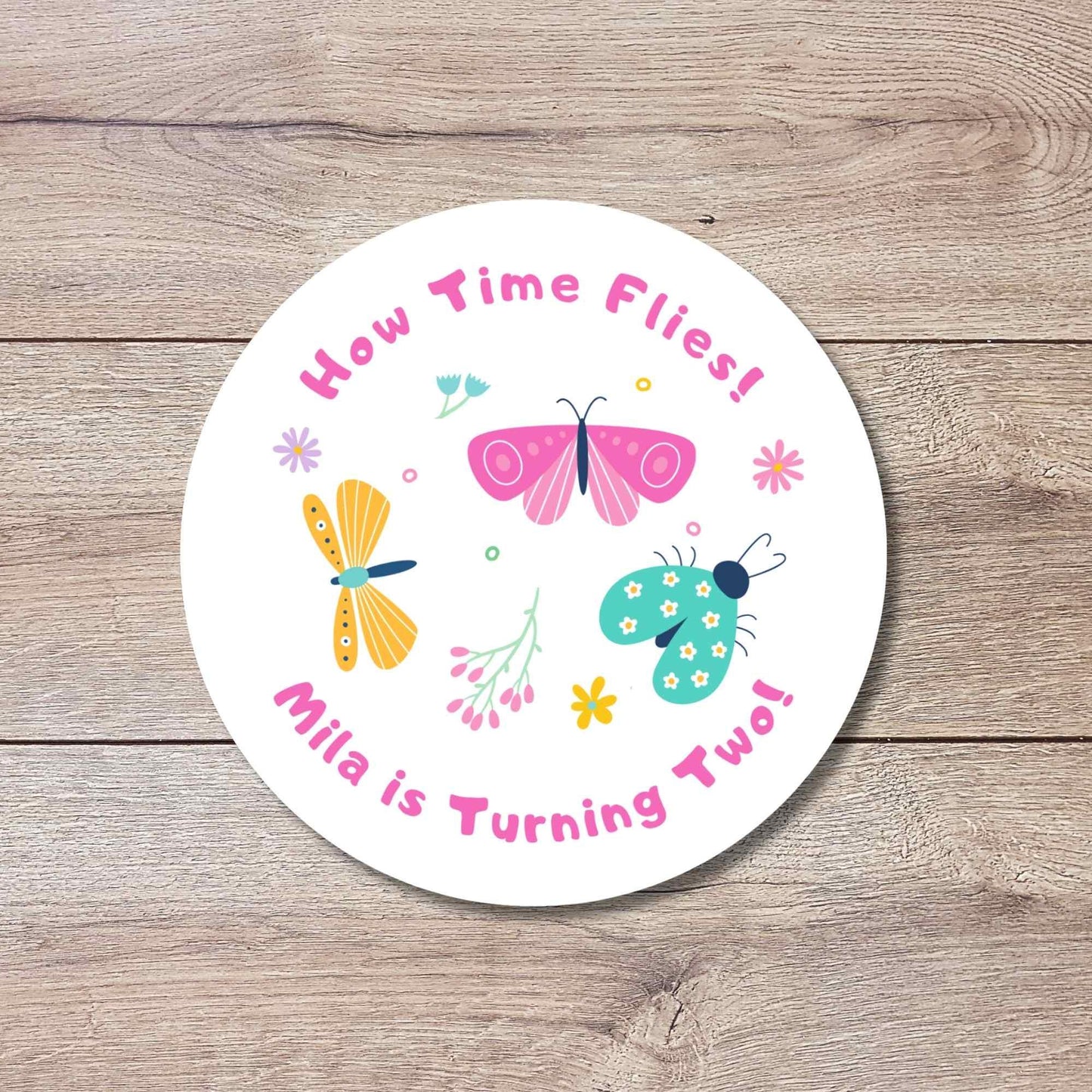 Personalized Times Flies Butterfly Ladybug Kids Birthday Stickers, Custom Thank You Party Favor Gift Bags Labels