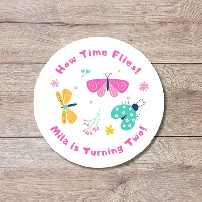 Personalized Times Flies Butterfly Ladybug Kids Birthday Stickers, Custom Thank You Party Favor Gift Bags Labels
