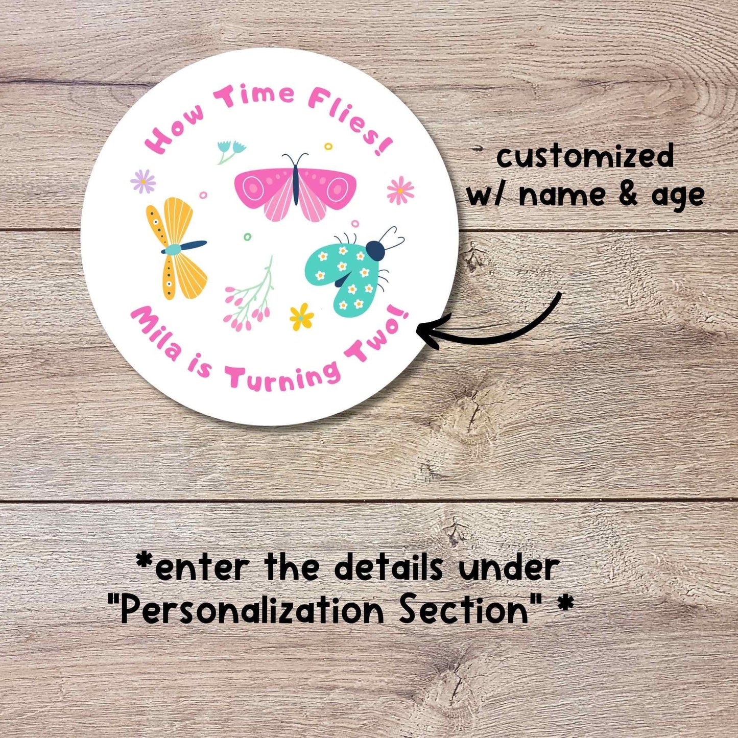 Personalized Times Flies Butterfly Ladybug Kids Birthday Stickers, Custom Thank You Party Favor Gift Bags Labels