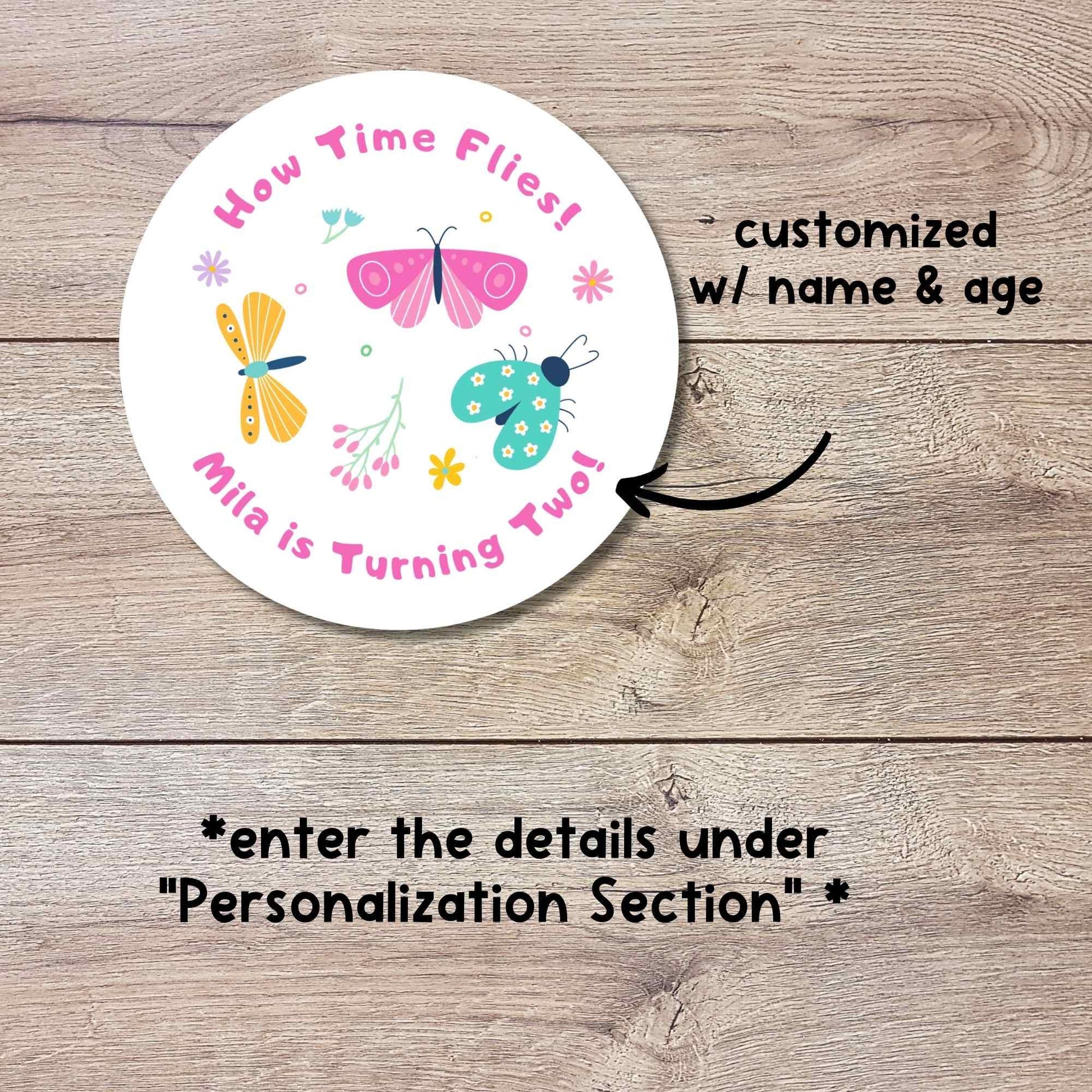 Personalized Times Flies Butterfly Ladybug Kids Birthday Stickers, Custom Thank You Party Favor Gift Bags Labels