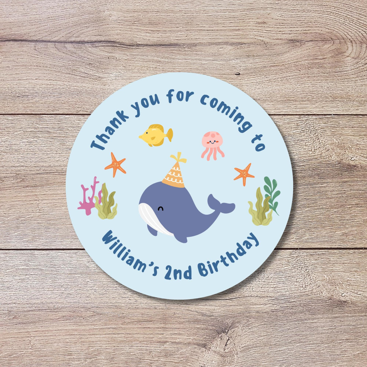 Personalized Under the Sea Creatures Whale Birthday Stickers, Custom Thank You Party Favor Gift Bags Labels