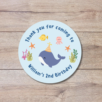 Personalized Under the Sea Creatures Whale Birthday Stickers, Custom Thank You Party Favor Gift Bags Labels